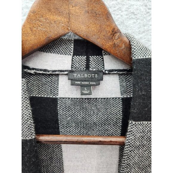 Talbots Womens Black & White Plaid Open Front Cardigan Sweater L - Picture 2 of 4